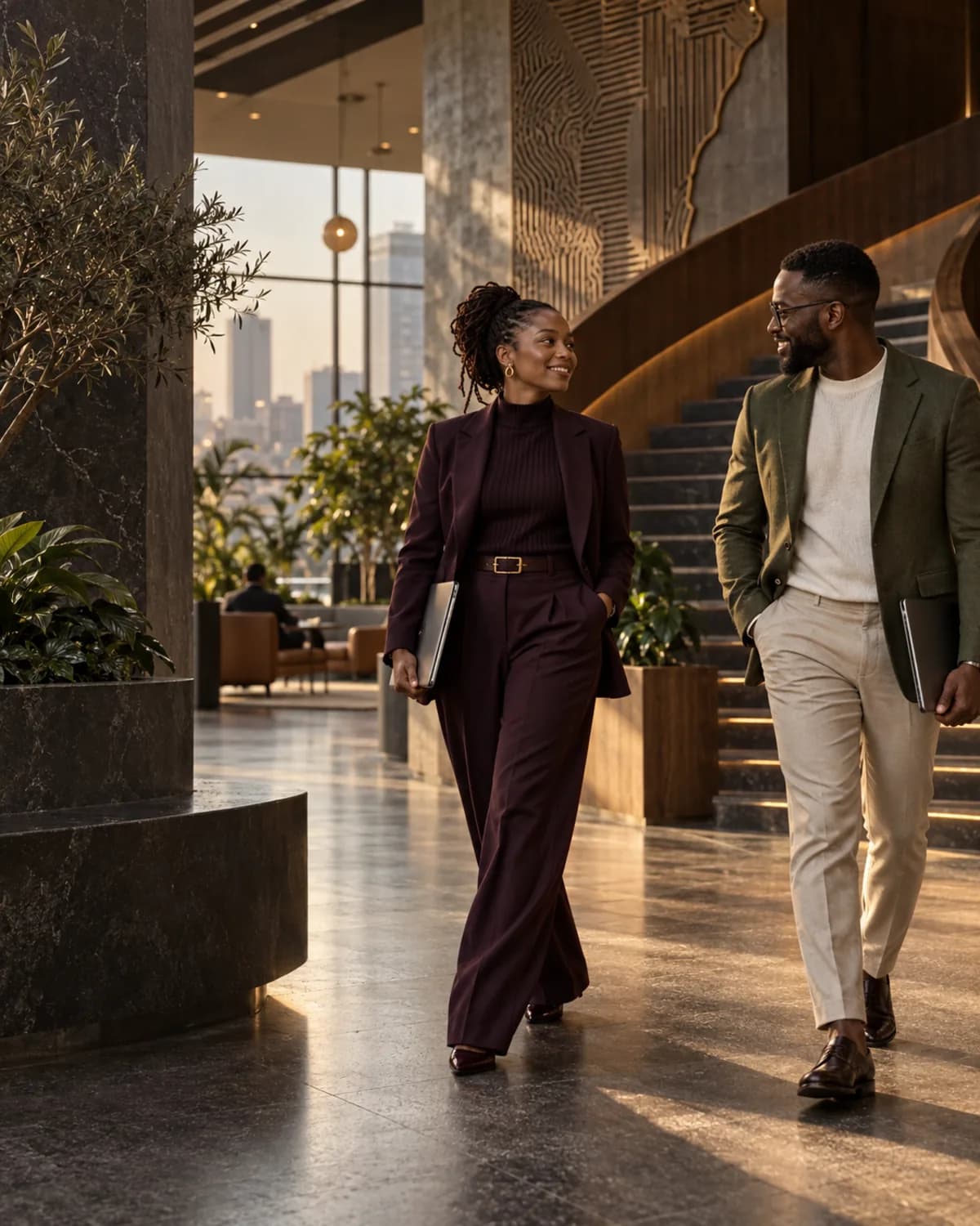 Two professionals walking through a modern workspace