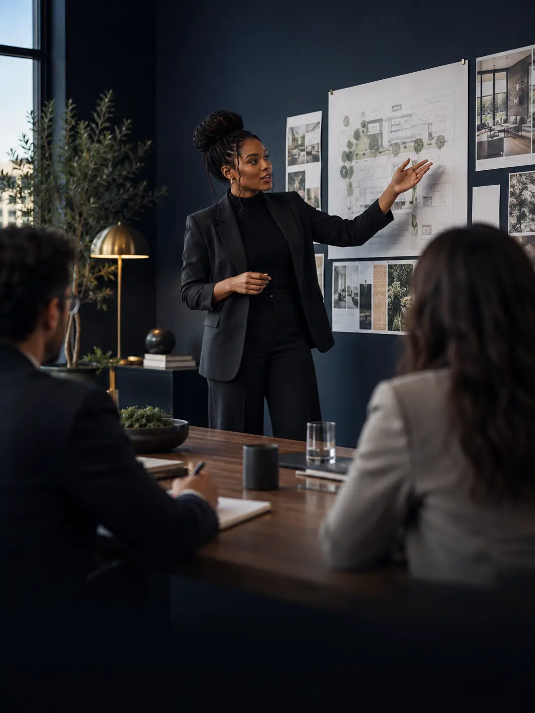A candidate presenting her work to an interview panel